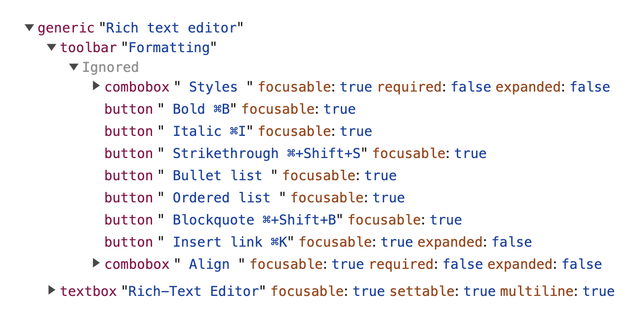 A screenshot of the editor's accessibility tree in Chrome devtools